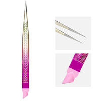 Pince à épiler en acier inoxydable effet arc-en-ciel pour nail art et extension de cils, pointes droites et courbées en fibre, barre de pression en silicone – Vente chaude