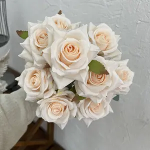 高品质婚礼人造装饰玫瑰花花束9头真丝玫瑰束人造玫瑰