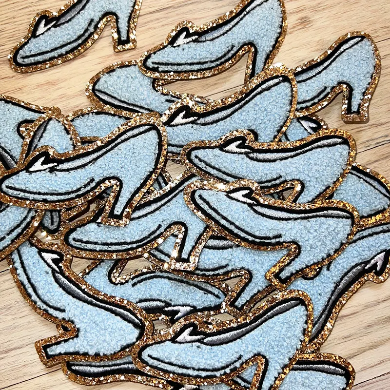 Super september popular blue Cinderella shoe gold glitter chenille patches