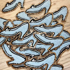 Super September Popular Blue Cinderella Shoe Gold Glitter Chenille Patches