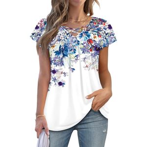 2025 femmes fleuri brodé col en v été tunique haut violet fluide habillé XXL Blouse à manches courtes hauts XL taille disponible - Product Image 3