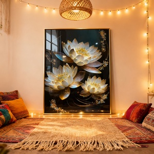 Decoración Moderna para el Hogar, Pintura Decorativa para Sala de Estar, Paisaje de Loto, Fondo de Sofá, Arte de Pared LED con Diamantes, Pintura de Porcelana de Cristal - Product Image 4
