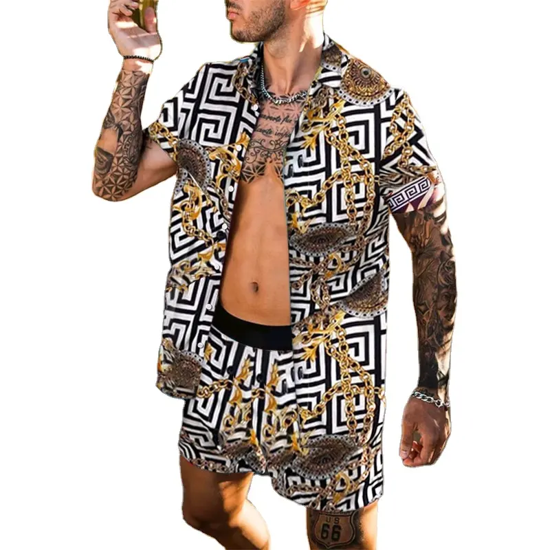 2023 Print summer Short sleeve suit men's two-piece casual print loose shirt beach suit Men Shorts Sets