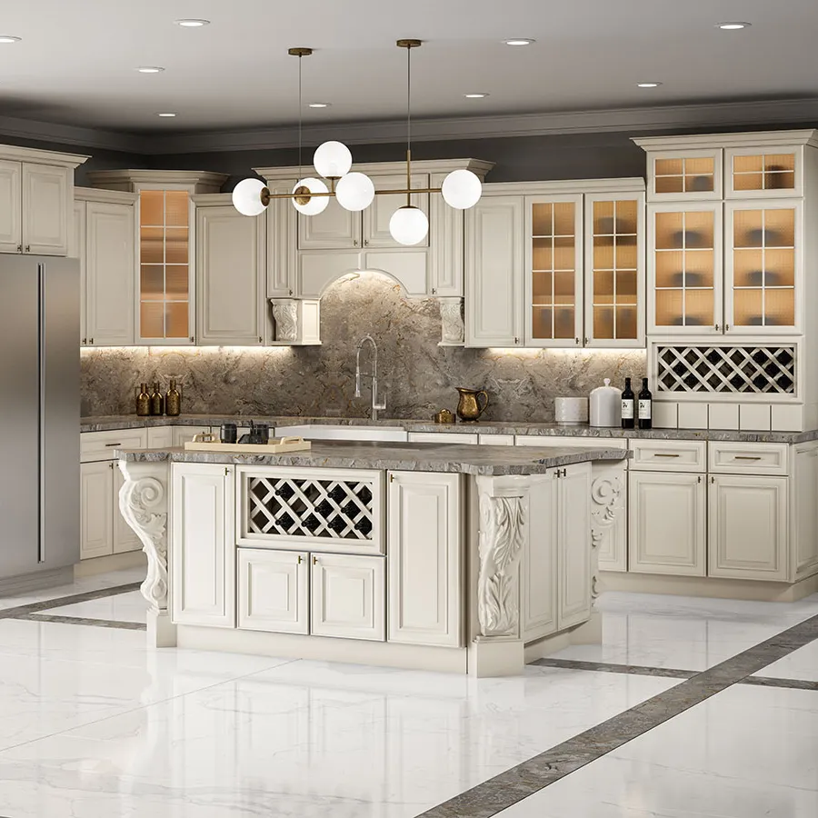 Cao Cấp Phong Cách Cổ Sang Trọng Kem Trắng Rắn Gỗ Bếp Với Roman Cột Island Design Cabinets