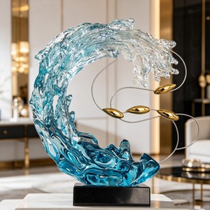 CP033 Sculpture <span class=keywords><strong>de</strong></span> bureau en polyrésine anti-décoloration, ornement décoratif en métal en forme <span class=keywords><strong>de</strong></span> poisson ondulé pour hall d'hôtel balnéaire et maison côtière - Product Image 1