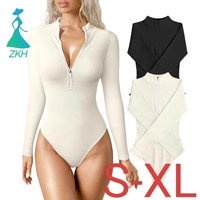 Bodysuit Wanita Seksi Bergaris Satu Potong dengan Ritsleting Depan Lengan Panjang Atasan Bodysuit Warna Solid Bahan Stretch