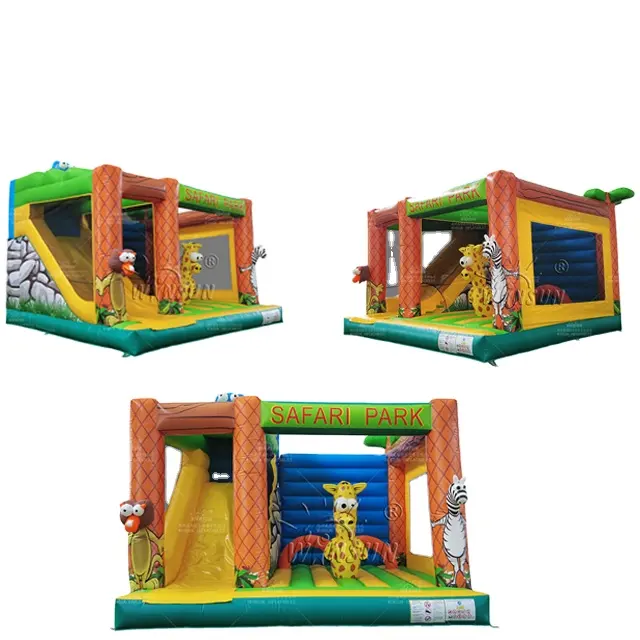 Pretty Jumping Game Jungle Animal Theme Yellow Inflatable Castle Combo Slide For Sale
