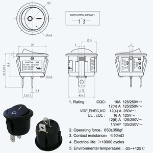 مفتاح روكر دائري صغير أسود بقطر 20 مم، 10 أمبير 250 فولت، مع شهادة UL لـ - Product Image 5