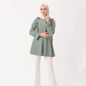 Blusa musulmana plissettata donna Malaysia tacchino elegante manica lunga girocollo tunica top camicetta - Product Image 3