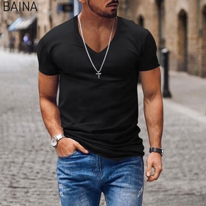 Logo personnalisé pour hommes col en <span class=keywords><strong>V</strong></span> Slim Fit T-shirt décontracté noir T-shirts unis T-shirts d'été pour hommes - Product Image 2