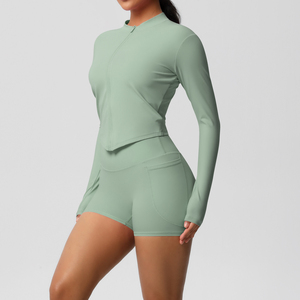 新デザイン2ピース屋外スポーツジッパー長袖ポケットジムショーツ女性用ヨガセット - Product Image 6
