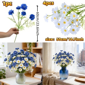 Ensemble de 5 fleurs artificielles simulées, bleuets et marguerites, pétales blancs et bleus, réalistes avec des plis naturels et des tiges flexibles - Product Image 2