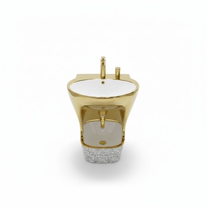 Lavabo da Bagno in Ceramica Bianca con Finitura Dorata Elettroplaccata Lucida, Design Moderno Ovale con Motivo a Linee Grigie, Premium per Hotel - Product Image 2