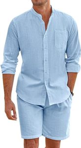 Ensemble décontracté 2 pièces pour homme : chemise à manches longues boutonnée en coton et lin confortable + short – Idéal pour la plage - Product Image 6