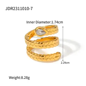 Cincin baja tahan karat bisa disesuaikan keluaran baru cincin jari terbuka berlipat bulat polesan tinggi berlapis emas untuk wanita