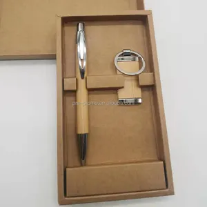 Atacado de bambu personalizado chaveiro e caneta conjunto caneta conjunto dom chaveiro