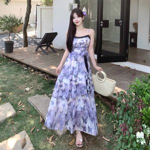 French Retro Butterfly Print Tie Dye Irregular Hem Pleated Waist <b>Suspender</b> Dress Spaghetti Strap Empire Waist Vintage Casual - Product Image 3