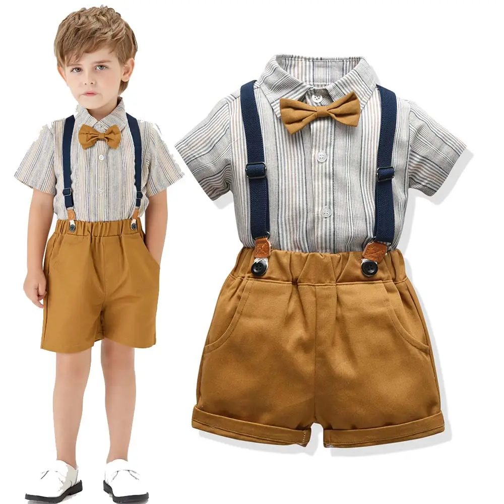 Wedding Festive Wear Suit Shirt with Bowtie Summer Suspender Shorts Sets Baby Boys Gentleman Outfit Suits KBLS-024