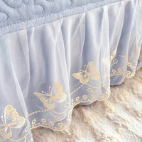 Parure de lit matelassée en velours de lait polyester 4 pièces, couvre-lit romantique avec nœuds et broderies appliquées, bleu
