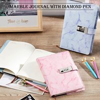 Journal A5 en cuir PU avec cadenas en marbre LABON, carnet de notes avec mot de passe, stylos diamantés pour femmes