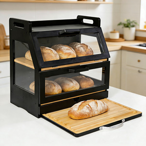 Boîte à pain en bambou à double couche, trapézoïdale, transparente, anti-poussière, pour la cuisine, conteneur à pain et pâtisserie, anti-humidité - Product Image 5