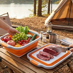 Planche à découper portable en silicone 3-en-1 avec panier <span class=keywords><strong>de</strong></span> lavage et <span class=keywords><strong>bac</strong></span> <span class=keywords><strong>de</strong></span> préparation pliable avec couvercle <span class=keywords><strong>pour</strong></span> pique-niques et camping en extérieur (8L, 16L, 30L) - Product Image 2