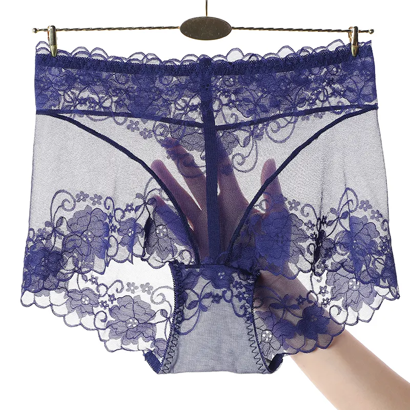 Wholesale Stock Transparent Mesh Sheer Hollow Throught Voile Lace Sexy Blue Ladies Panty Boxers Briefs Underwear