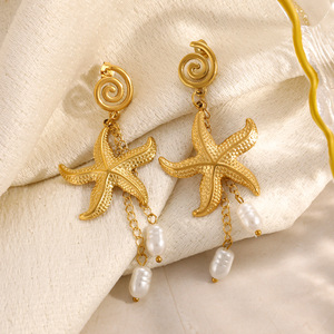 Boucles d'oreilles pendantes étoile de mer en acier inoxydable plaqué or 18 carats avec perle, style plage, bijoux de mode - Product Image 4