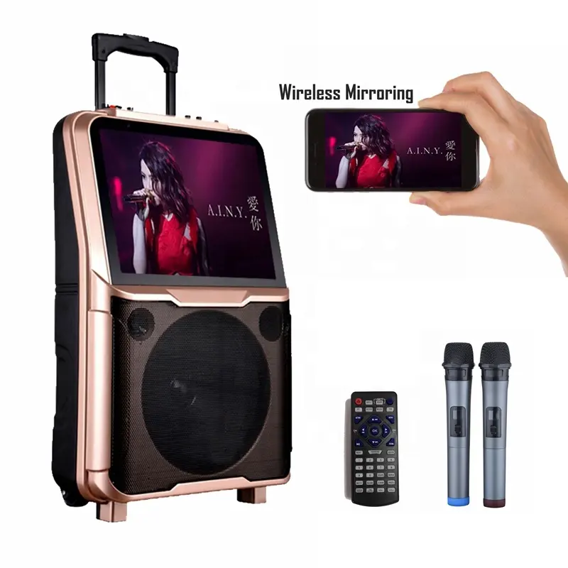 Outdoors karaoke player speaker with 10 inch woofer Trolley speaker with Wireless-Mirroring function with HD screen