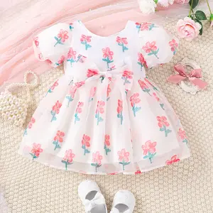 Bambini ragazza abbigliamento Flower Girls Gauzy abito manica corta con floreale e fiocchi estate personalizzata all'ingrosso neonata