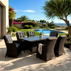 Conjunto de Comedor Moderno para Patio de Hotel o Jardín, 6 Plazas, Ratán PE, Estructura de Aluminio, Muebles de Exterior con Cojines Impermeables - Product Image 1
