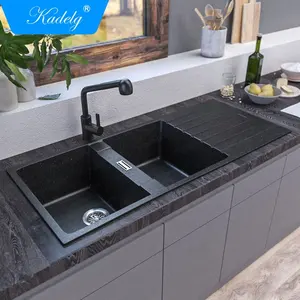 CE Certificated Double Bowl Black Quartz Stone Sink Composite Granite Kitchen Sink with Drainboard