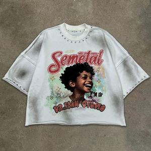 YITE kaus kotak bahu jatuh pria motif berlian imitasi Vintage kaus crop ukuran besar 100% katun cetak kustom pria - Product Image 3