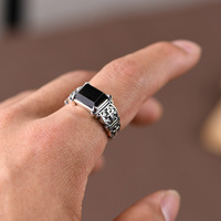 Bague Chevalière Vintage en Argent 925 pour Homme, Gravure Croix Turque, Agate Noire Naturelle, Bijoux Hip-Hop Rock, Type Ouvert
