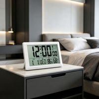 Horloge murale/de bureau personnalisée OEM avec grand écran LCD numérique, radio-pilotée, affichage de la température, de l'humidité, de l'alarme, de la date, du jour, rétroéclairage, AIKS AK-32