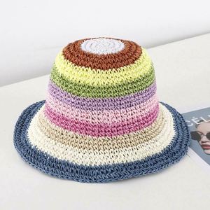 Sombrero de paja de arcoíris para mujer al por mayor, de ganchillo, plegable, tejido, para sol y playa - Product Image 6