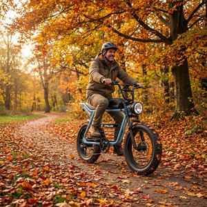 Vélo électrique rétro à pneus larges Autumn Trail avec suspension avant, idéal pour les balades en forêt en toute saison - Product Image 1