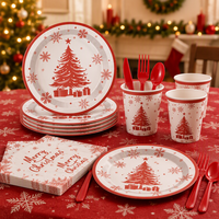 Ensemble de vaisselle pour fête de Noël, assiettes en papier rouges, gobelets, serviettes, couverts, nappe, bannière