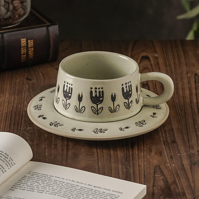 Tulip-shaped terracotta cups and saucers