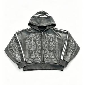 Felpa con cappuccio vintage da uomo con stampa DTG personalizzata Kornit, motivo gotico angelo religioso, con zip, pesante, stile streetwear scuro - Product Image 1