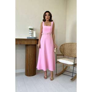 Vestido de Cóctel Largo de Satén Rosa con Cinturón al por Mayor - Product Image 5