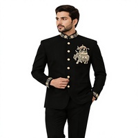 Ensemble de costume en tissu sherwani satiné enduit de PA brodé noir de poids moyen, tenue formelle traditionnelle pour cérémonie de mariage et banquet