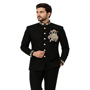 Black Embroidered Sherwani <b>Fabric</b> Suit Set Traditional Formal Wear for Wedding Ceremony Banquet - Product Image 2