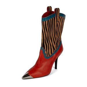 Botas de tacón medio de estilo occidental para mujer, botines rosas con punta de metal, zapatos de cuero vaquero - Product Image 1