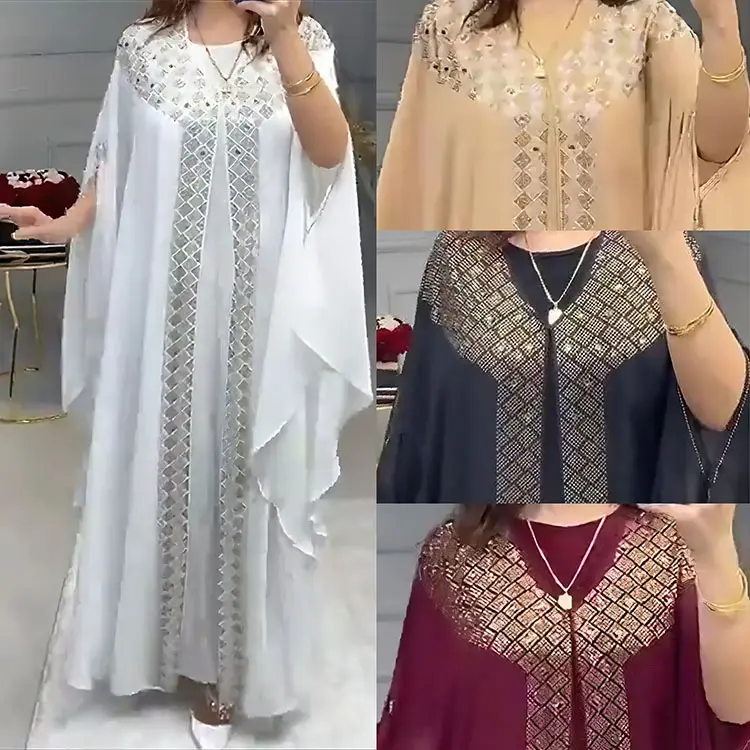 Gaun panjang manik-manik sifon tugas berat berlian panas Gaun Abaya bergaya Muslim jubah Kaftan etnis desain Burka Arab