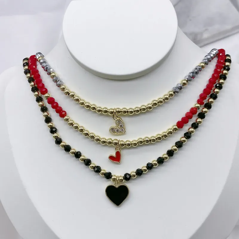 Collares de cuentas de cristal de latón hechas a mano, joyería de moda personalizada, con colgantes de corazón esmaltados de circonita cúbica