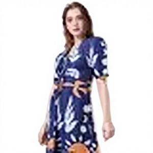 Vestido Casual de Mujer Orica Elegent Blue Delta, Estampado Floral, Volantes Sólidos, Cuello Cuadrado, Estilo Imperio, Translúcido, Lavable a Mano - Product Image 1