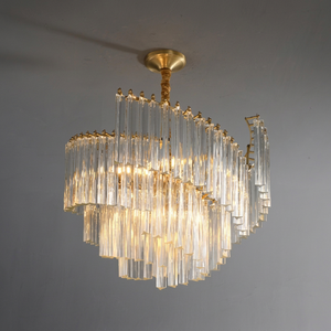 Magnifique lustre à plusieurs niveaux avec des rideaux superposés de prismes rectangulaires en verre transparent en forme de spirale, en gros. - Product Image 1