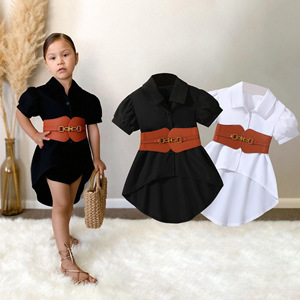 Robe chemise ample à col rond et revers, unie, à manches courtes, style été, pour filles, avec ceinture en PU - Product Image 1