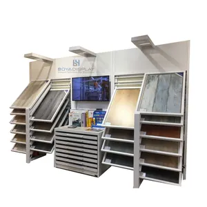 Expositor de telha cerâmica personalizado, suporte de metal combinado de madeira, exibição de amostra, estante rotativo para sala de sapato
